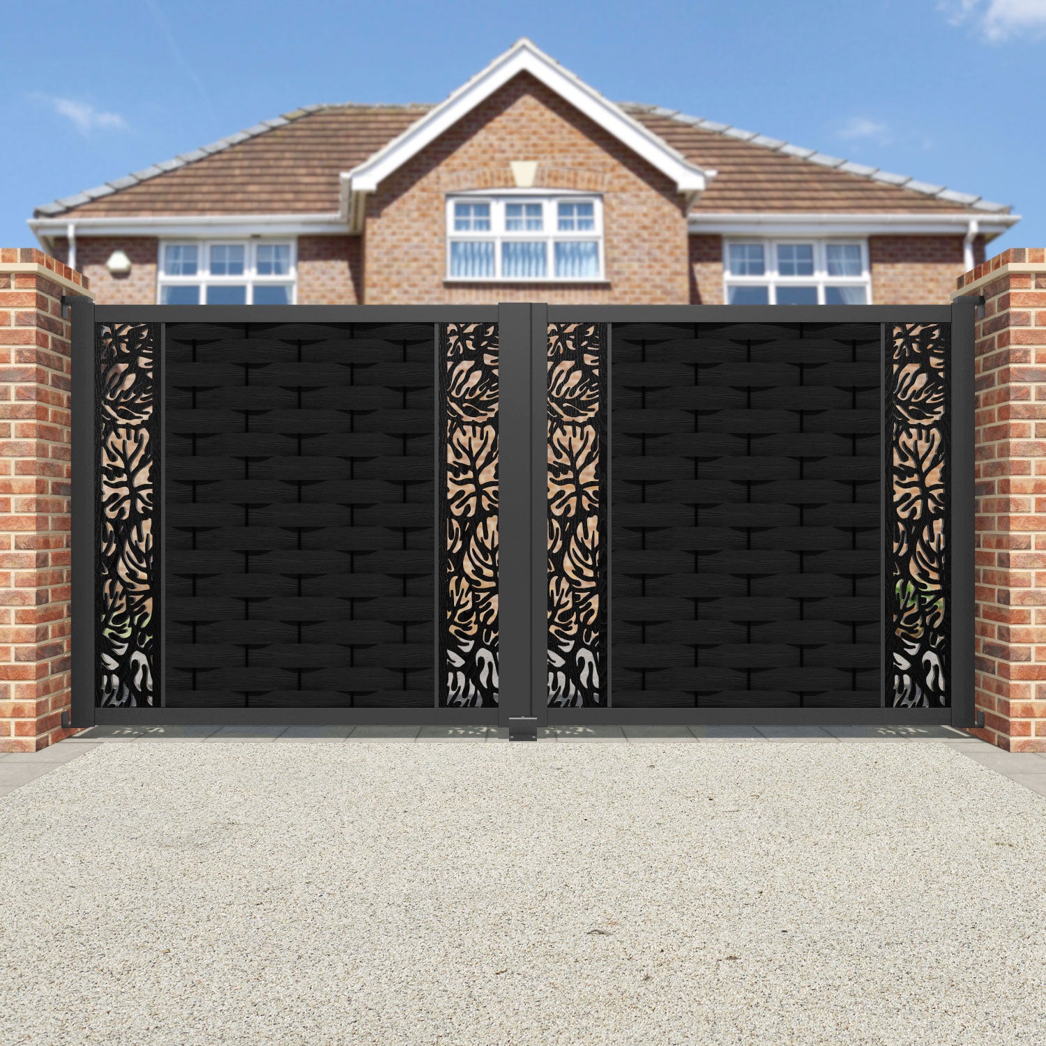 Ripple Botanic Straight Top Driveway Gate - Black - Middle & End Screen