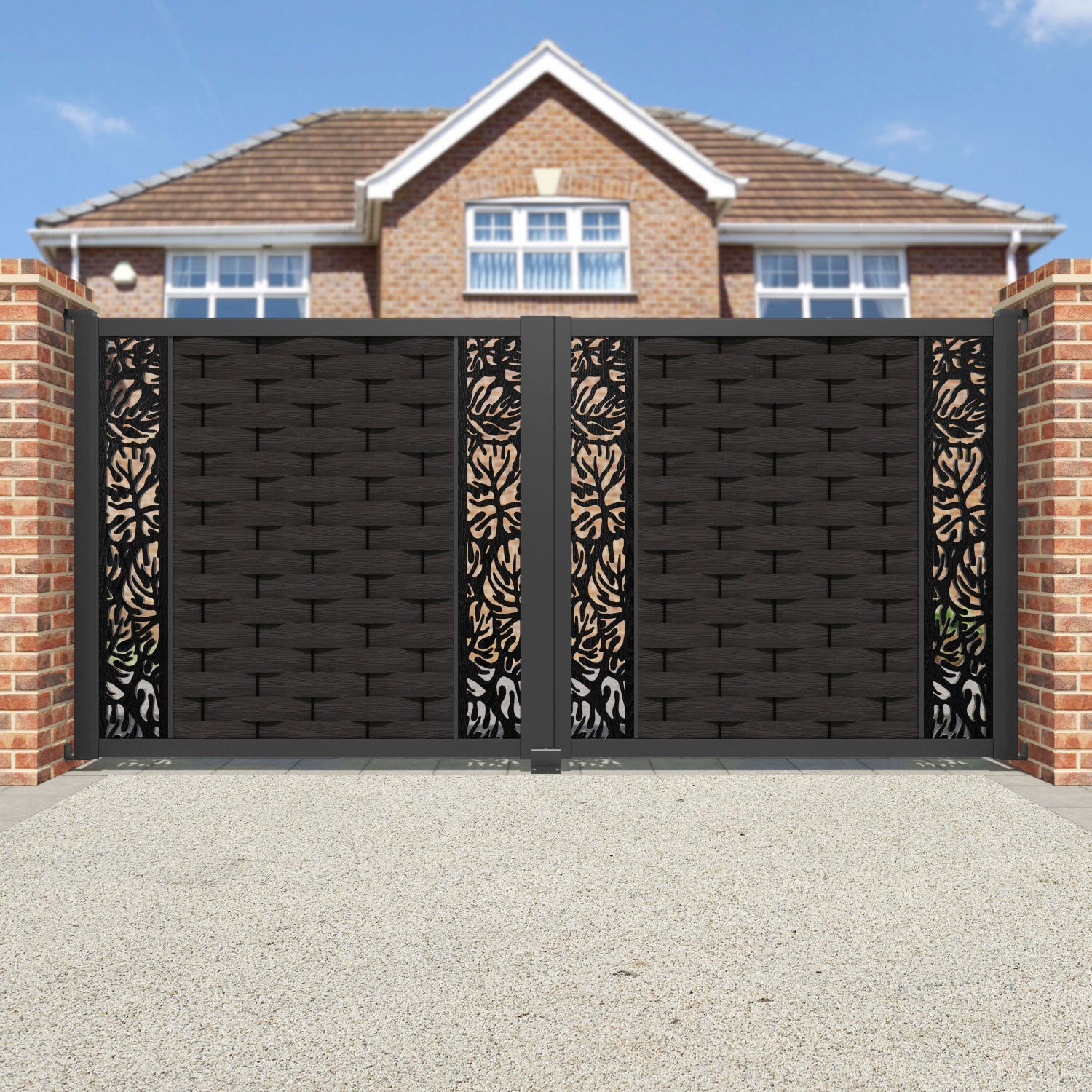 Ripple Botanic Straight Top Driveway Gate - Dark Oak - Middle & End Screen