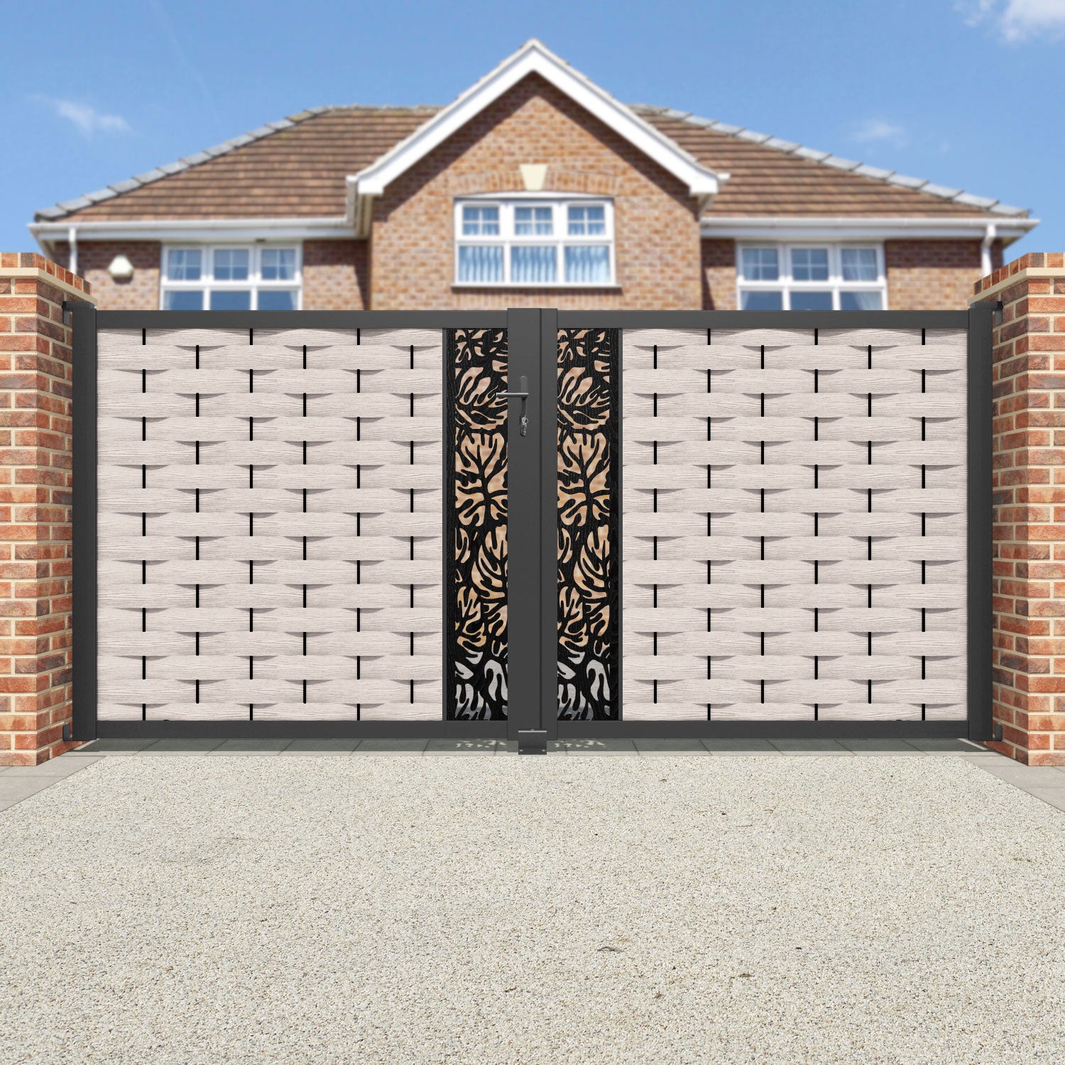 Ripple Botanic Straight Top Driveway Gate - Mid Stone - Middle Screen