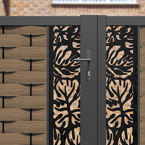 Ripple Botanic Straight Top Driveway Gate - Teak - Middle & End Screen