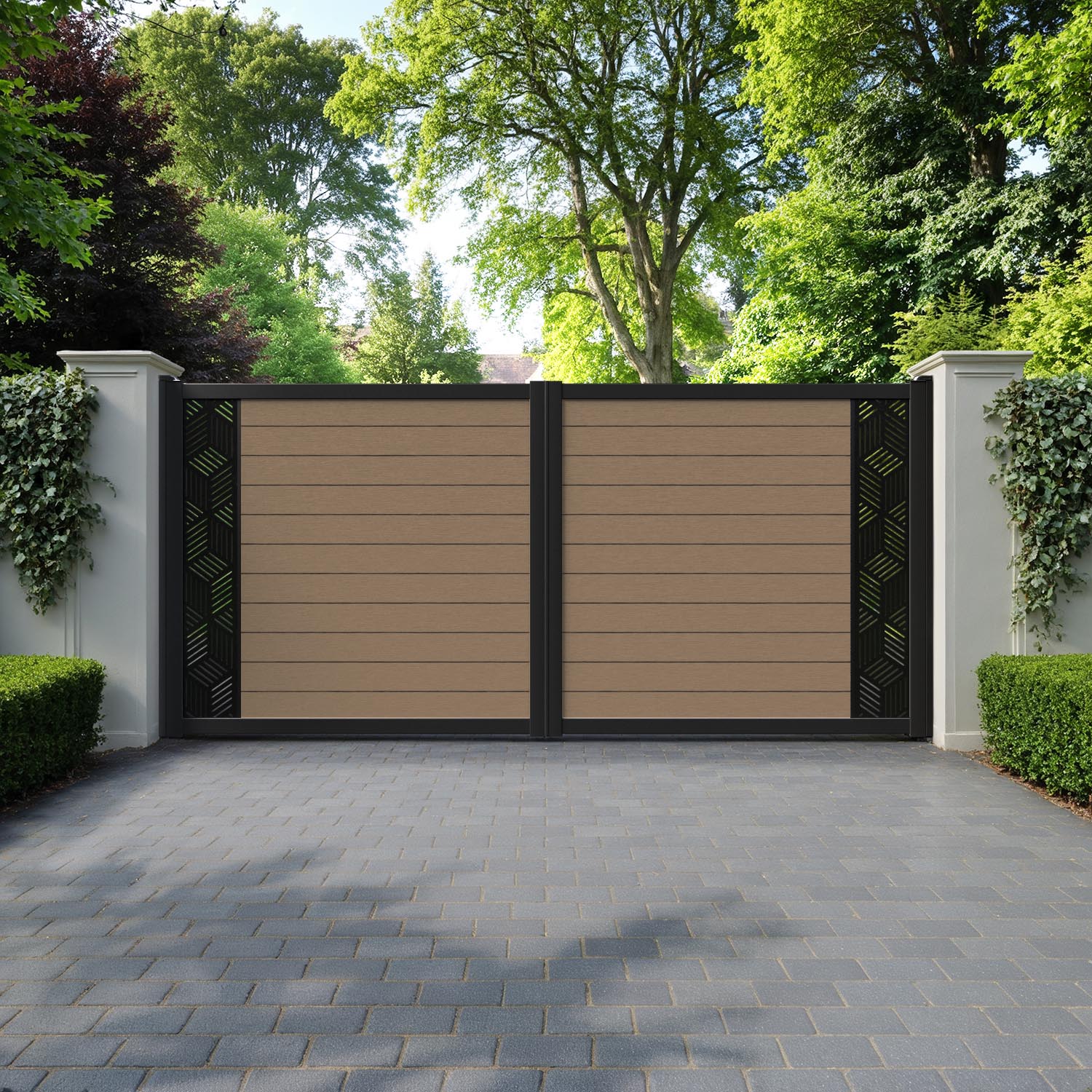 Fusion Cubed Straight Top Driveway Gate - Teak - End Screen