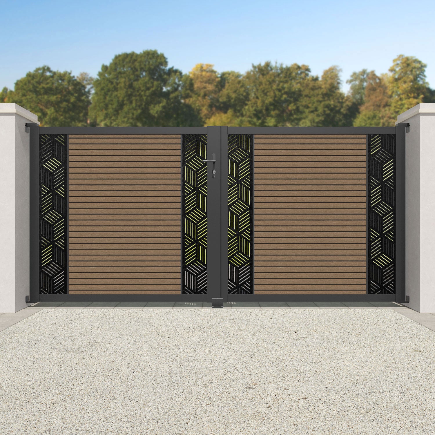 Hudson Cubed Straight Top Driveway Gate - Teak - Middle & End Screen