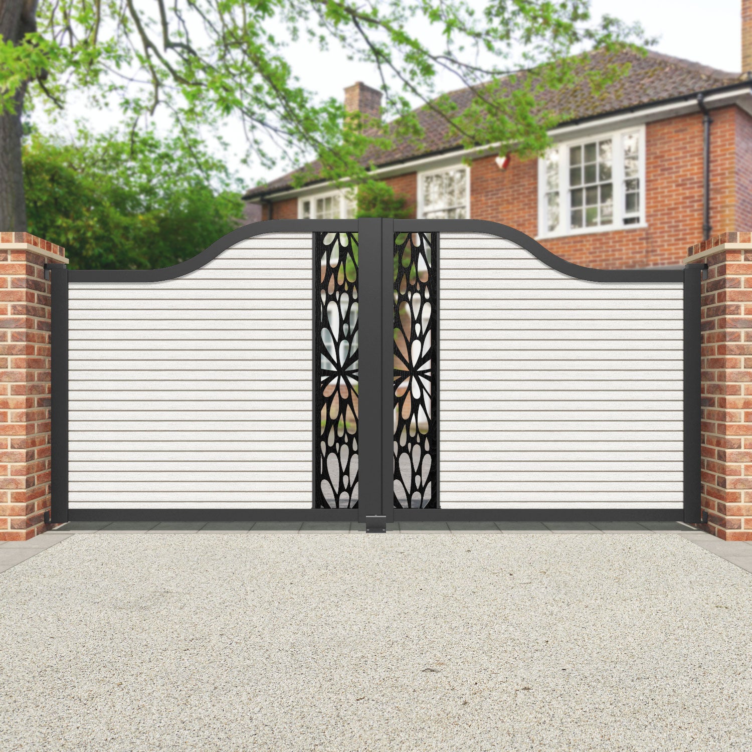Hudson Blossom Curved Top Driveway Gate - Light Stone - Middle Screen