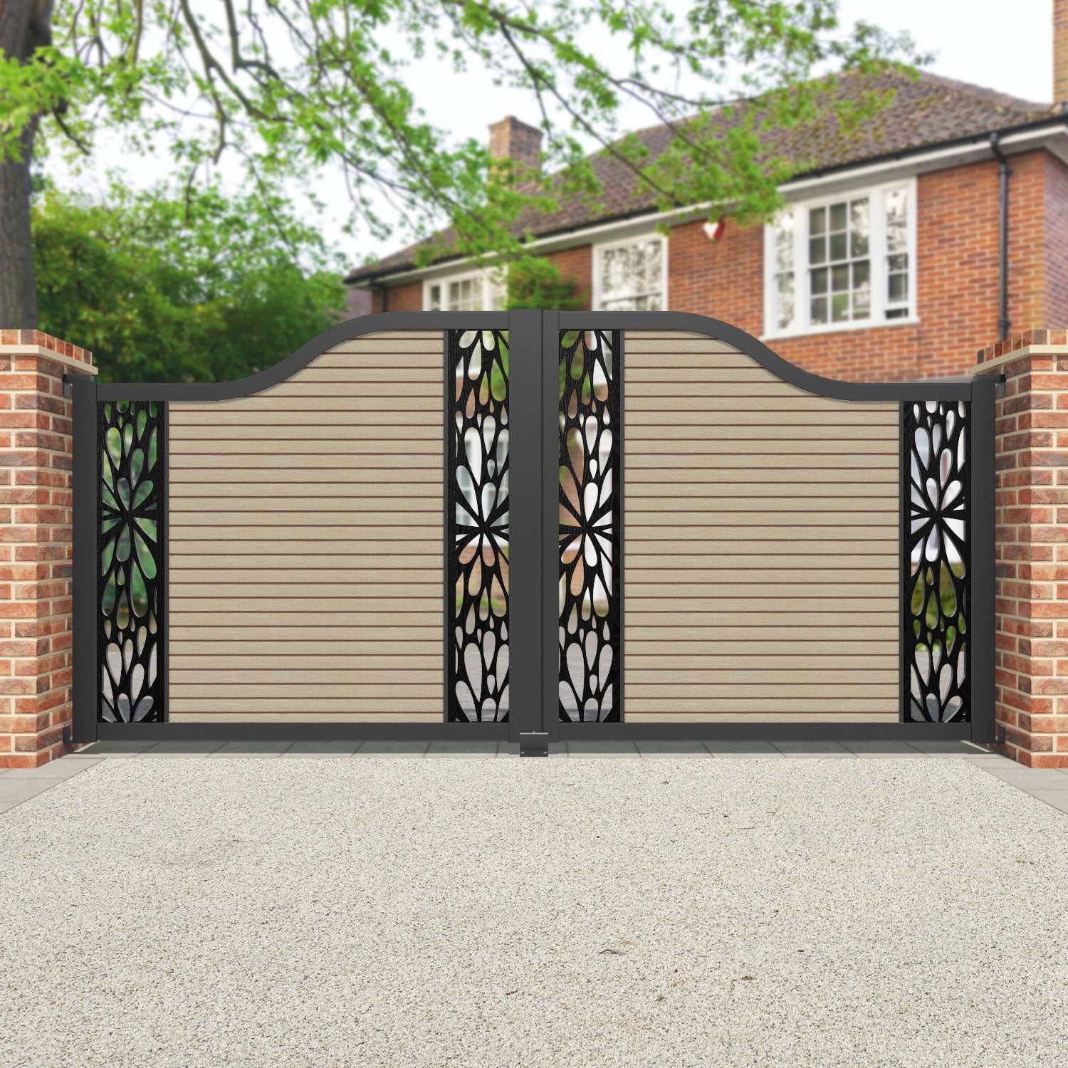 Hudson Blossom Curved Top Driveway Gate - Light Oak- Middle & End Screen