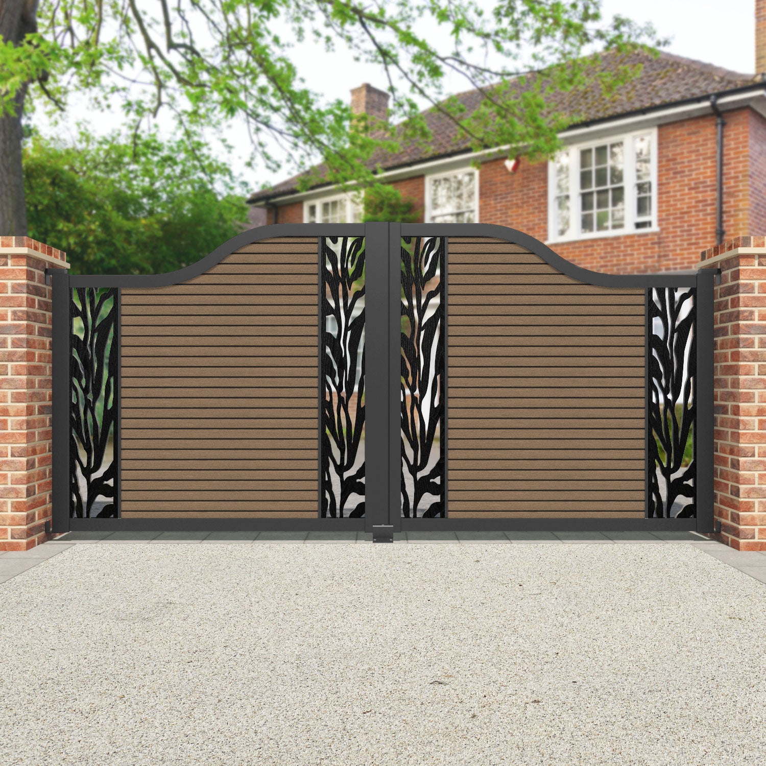 Hudson Malawi Curved Top Driveway Gate - Teak - Middle & End Screen