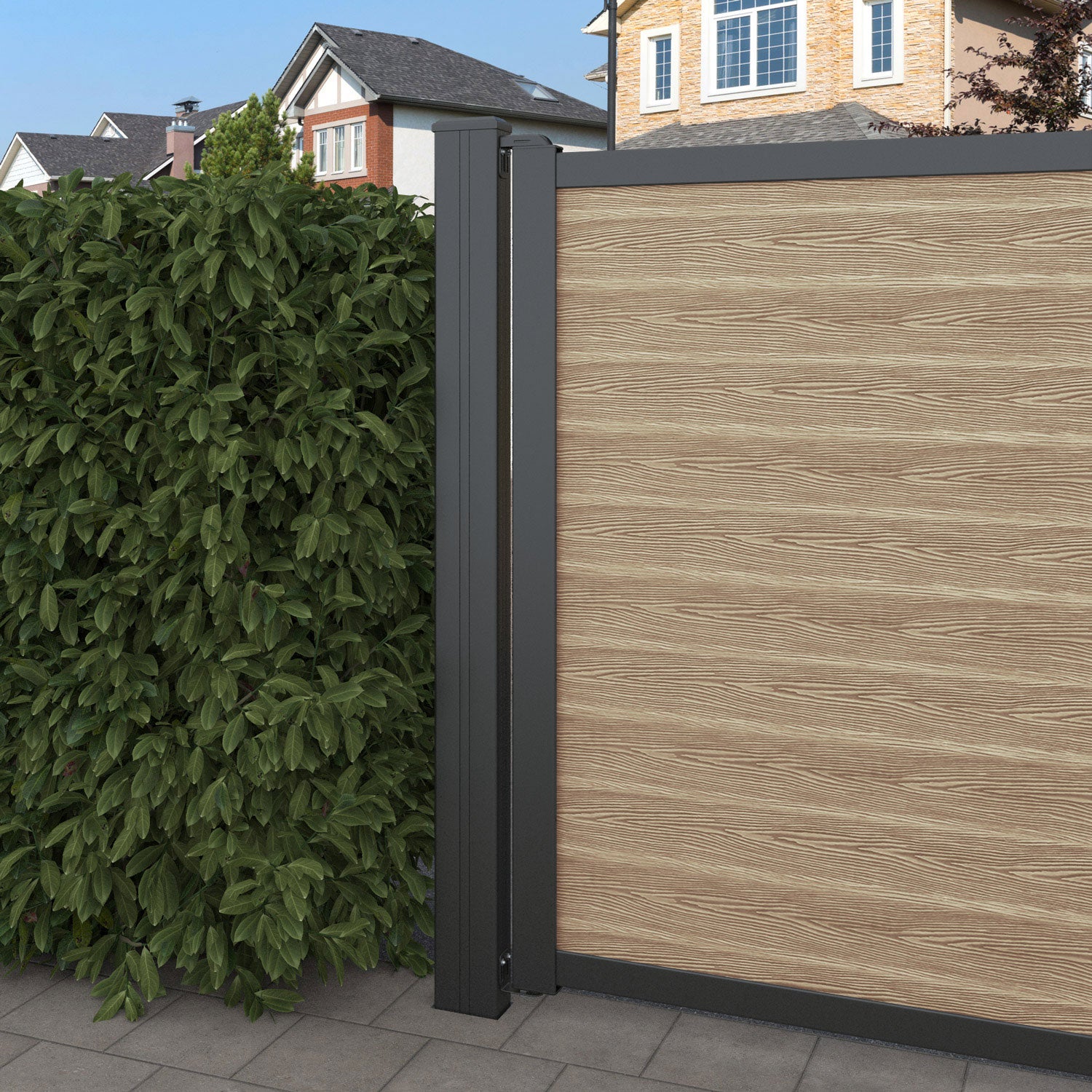 Classic Cubed Curved Top Driveway Gate - Light Oak - Middle & End Screen