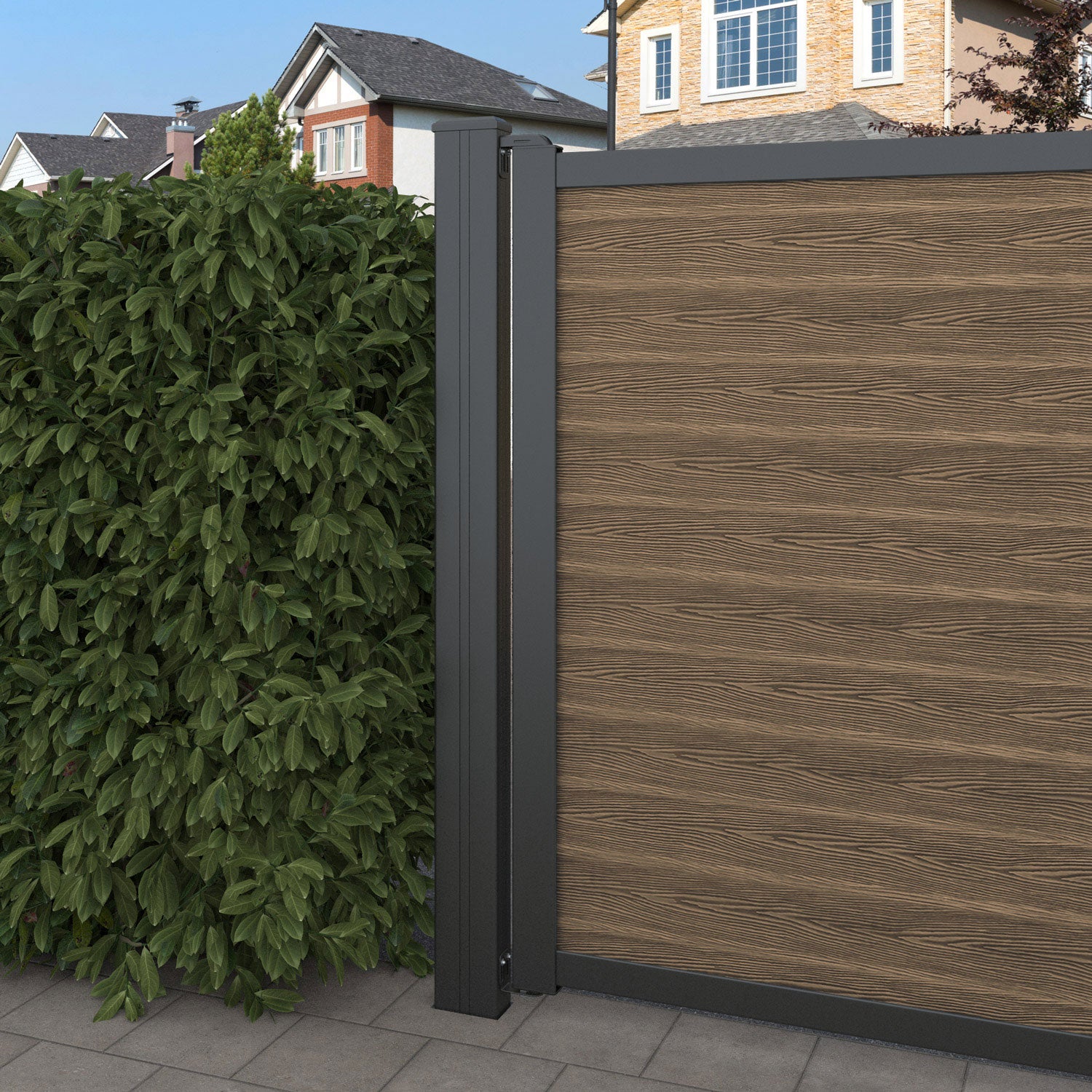 Classic Linea Curved Top Driveway Gate - Teak -  Middle Screen