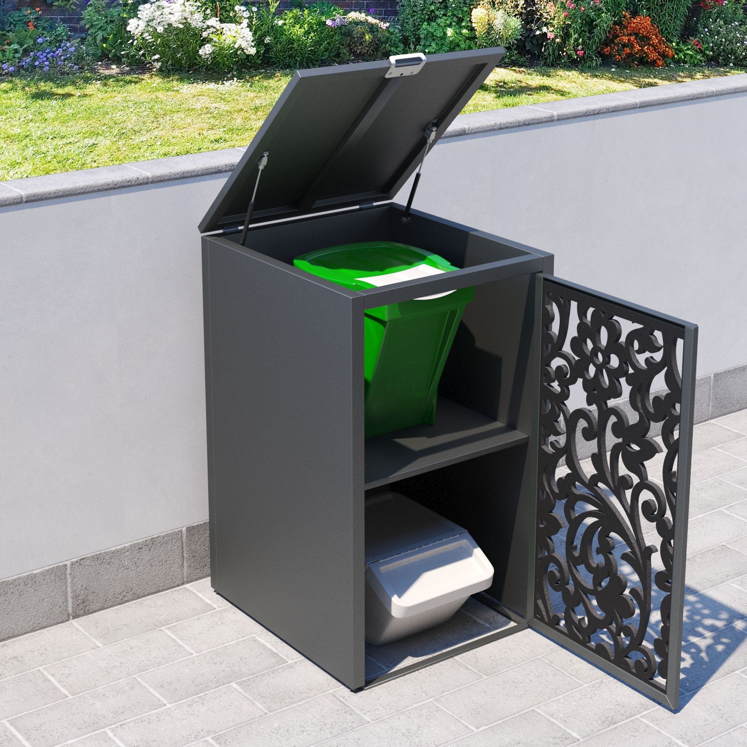 Grey 2 Bin Store with Eden Door Screen