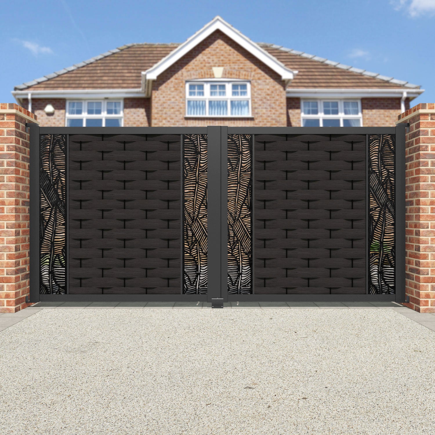 Ripple Feather Straight Top Driveway Gate - Dark Oak - Middle & End Screen