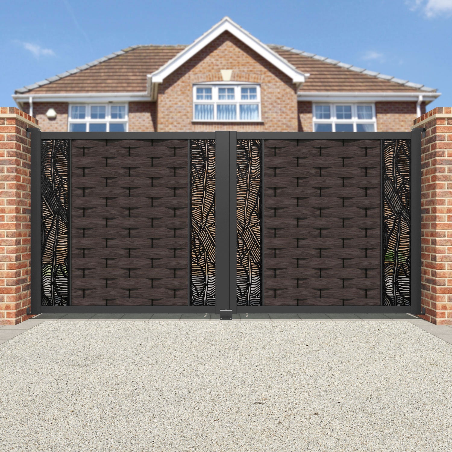 Ripple Feather Straight Top Driveway Gate - Mid Brown - Middle & End Screen