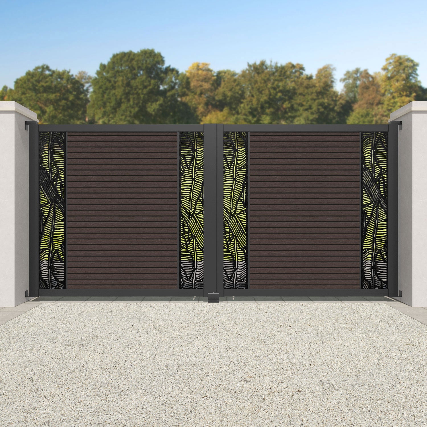 Hudson Feather Straight Top Driveway Gate - Mid Brown - Middle & End Screen