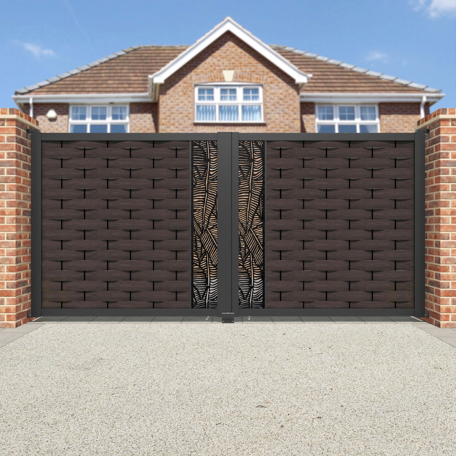 Ripple Feather Straight Top Driveway Gate - Mid Brown - Middle Screen