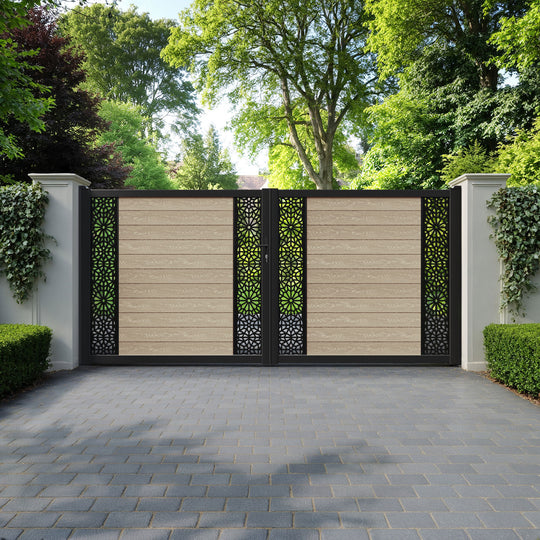 Classic Alnara Straight Top Driveway Gate - Light Oak - Middle & End Screen