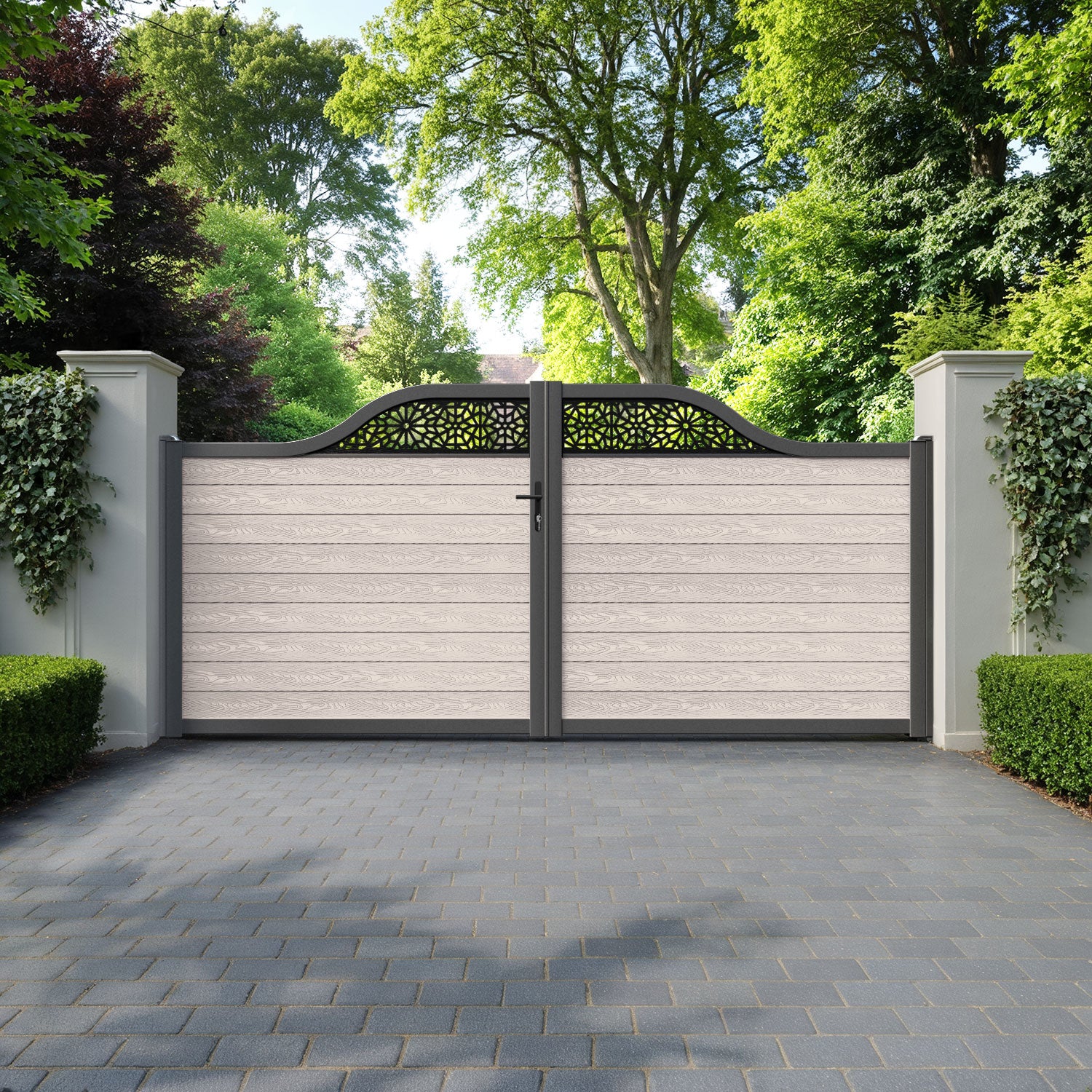 Classic Alnara Curved Top Driveway Gate - Mid Stone - Top Screen