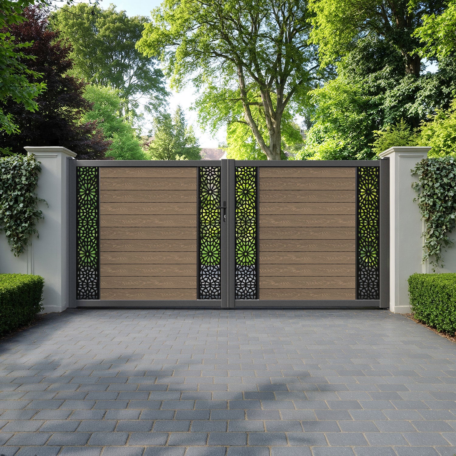 Classic Alnara Straight Top Driveway Gate - Teak - Middle & End Screen