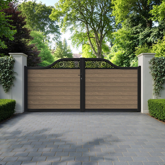 Classic Alnara Curved Top Driveway Gate - Teak - Top Screen
