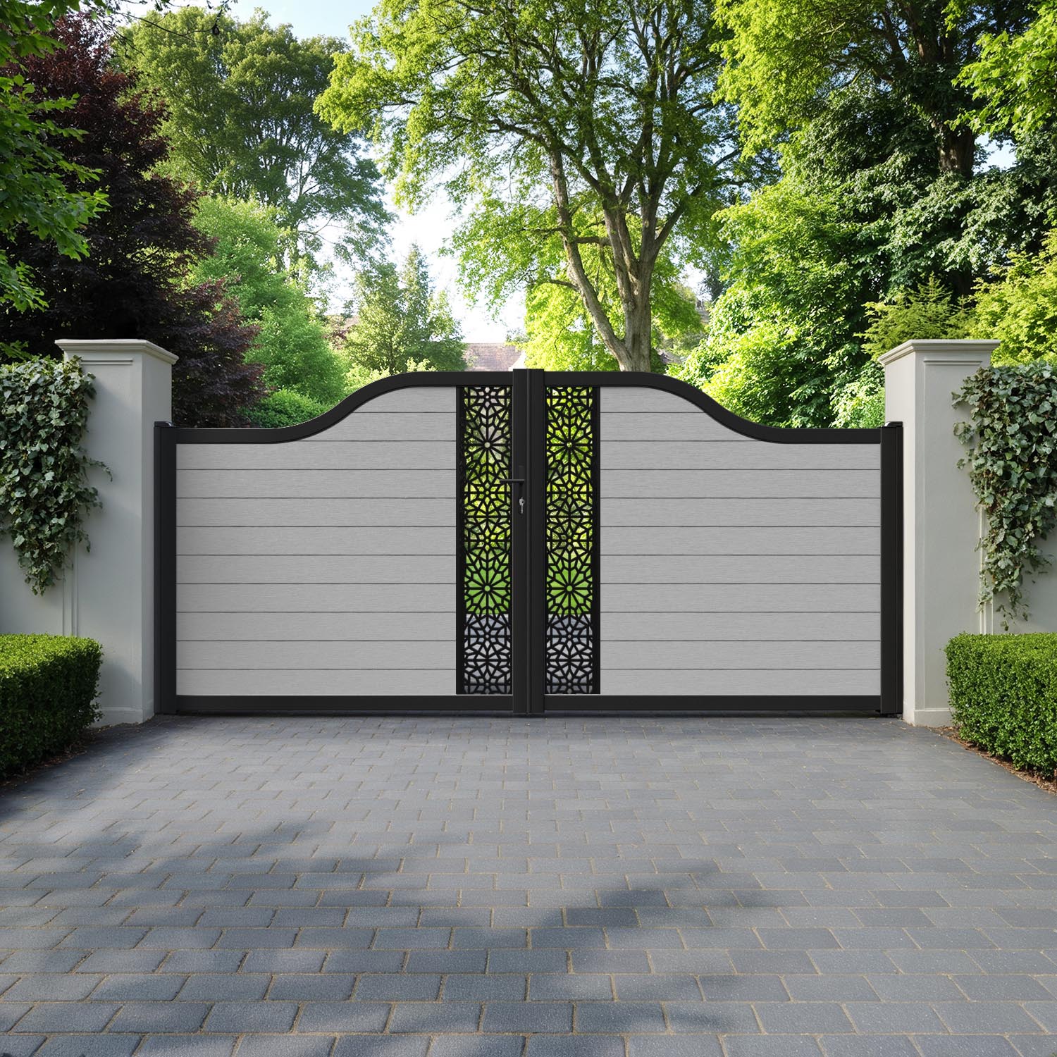Fusion Alnara Curved Top Driveway Gate - Light Grey - Middle Screen