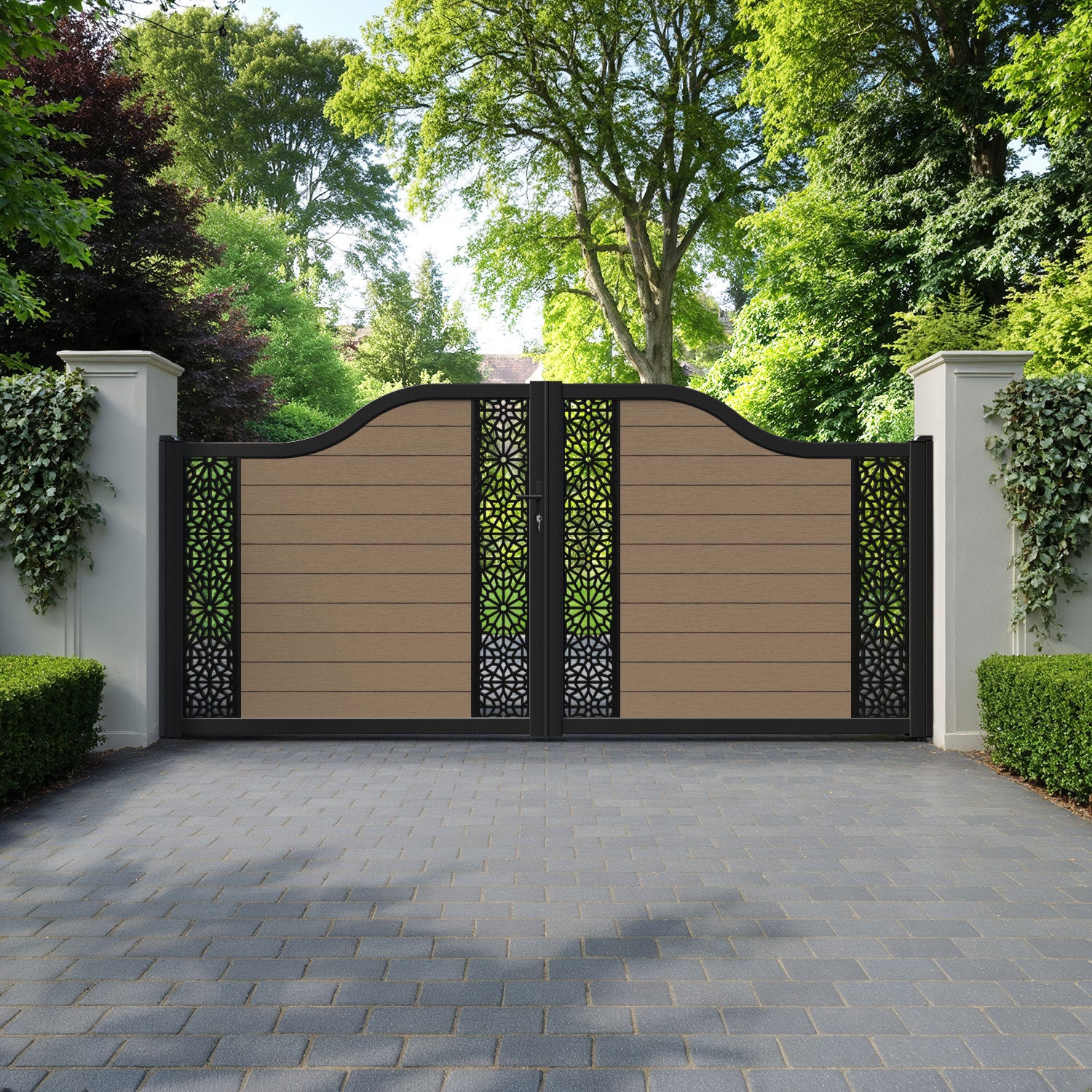 Fusion Alnara Curved Top Driveway Gate - Teak - Middle & End Screen