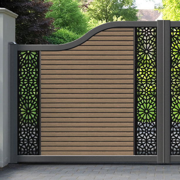 Hudson Alnara Curved Top Driveway Gate - Teak - Middle & End Screen