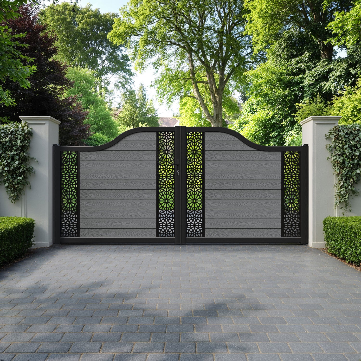 Classic Alnara Curved Top Driveway Gate - Mid Grey - Middle & End Screen