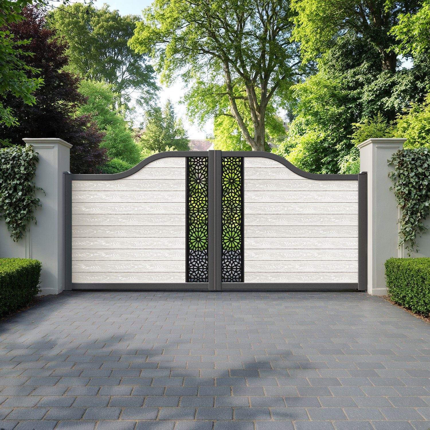 Classic Alnara Curved Top Driveway Gate - Light Stone - Middle Screen