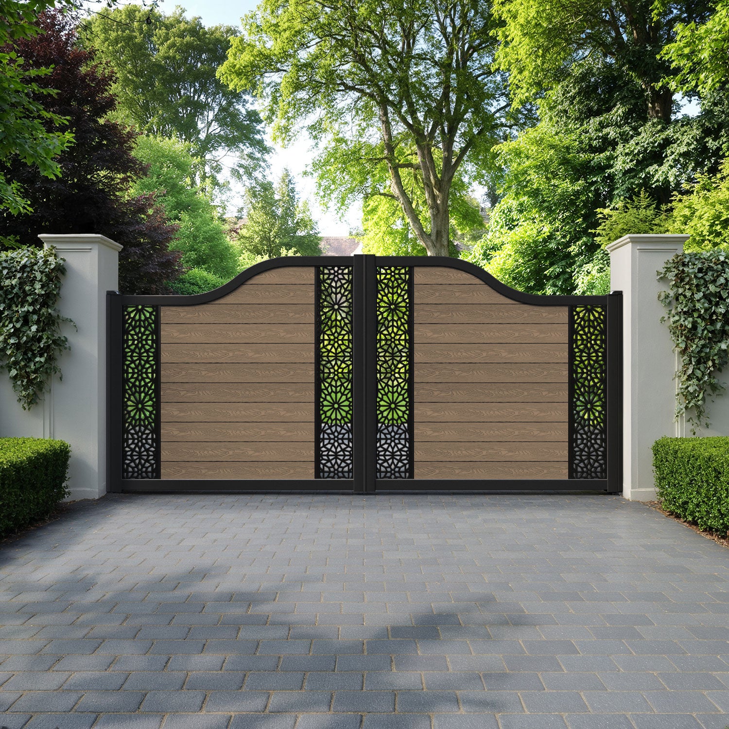 Classic Alnara Curved Top Driveway Gate - Teak - Middle & End Screen
