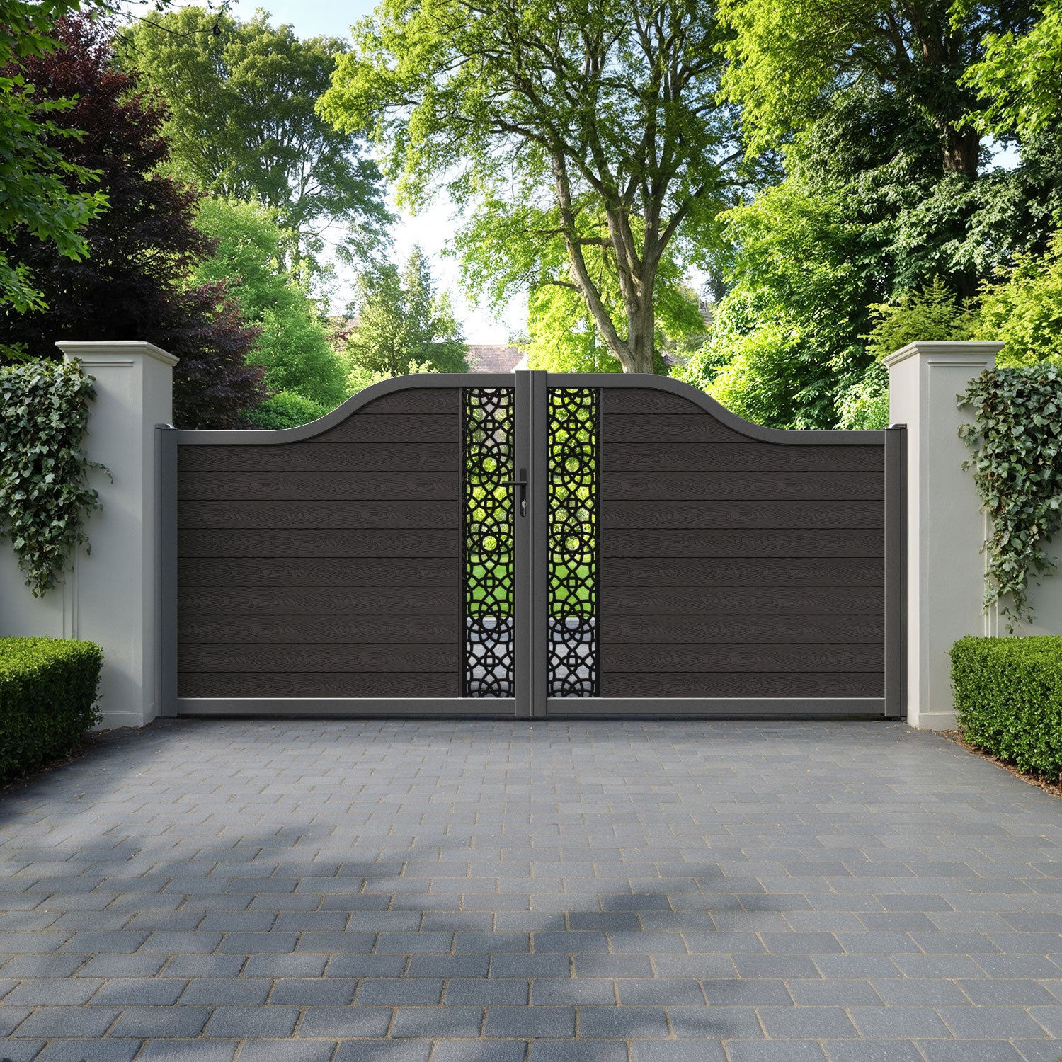Classic Ambar Curved Top Driveway Gate - Dark Oak - Middle Screen
