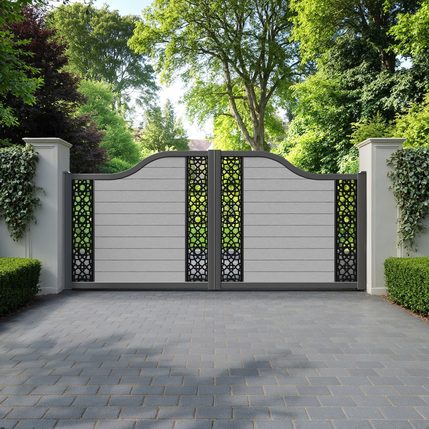 Fusion Ambar Curved Top Driveway Gate - Light Grey - Middle & End Screen