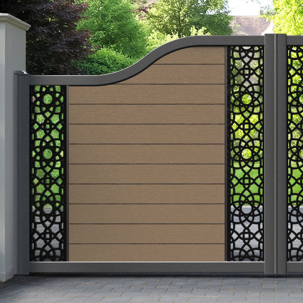 Fusion Ambar Curved Top Driveway Gate - Teak - Middle & End Screen