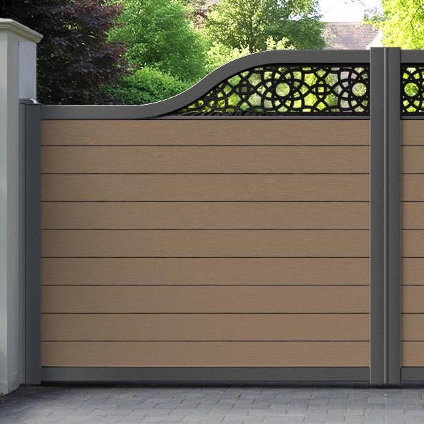 Fusion Ambar Curved Top Driveway Gate - Teak - Top Screen