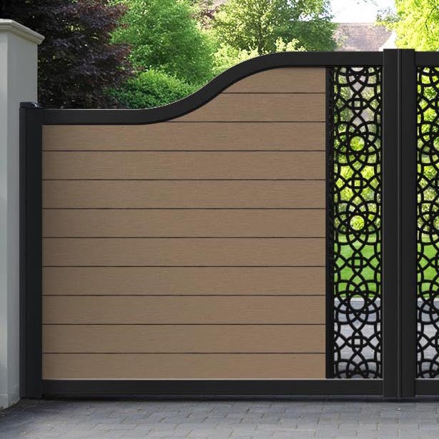 Fusion Ambar Curved Top Driveway Gate - Teak - Middle Screen