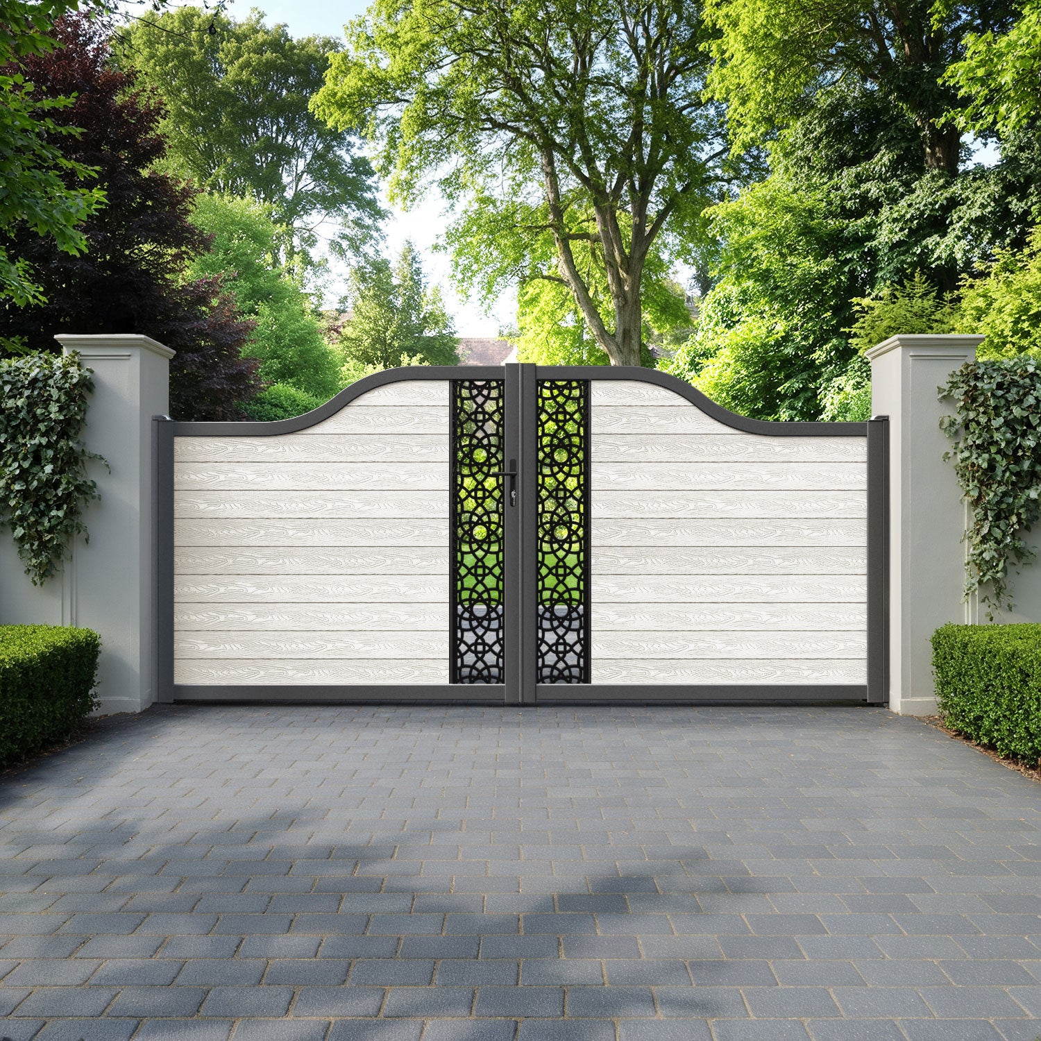 Classic Ambar Curved Top Driveway Gate - Light Stone - Middle Screen