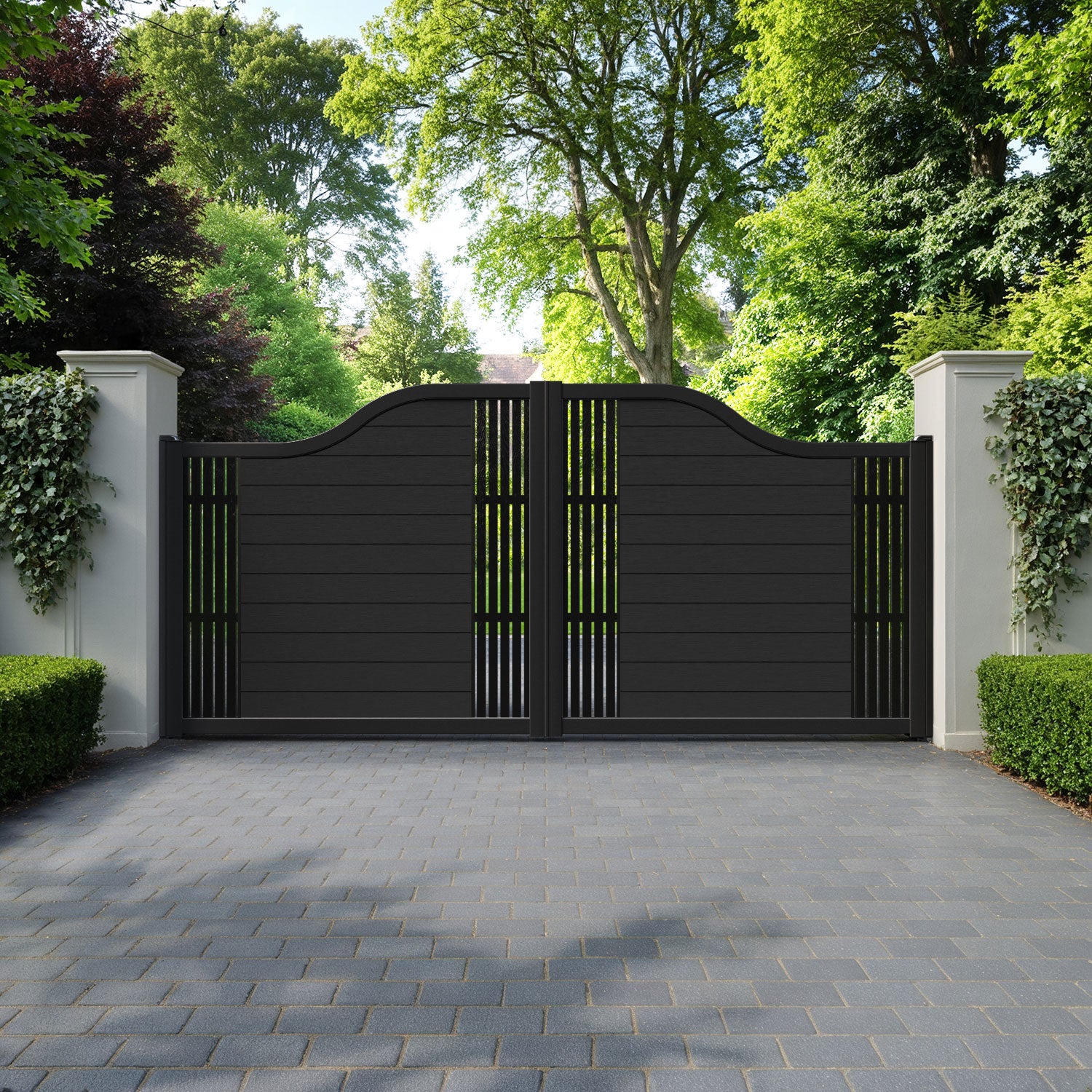 Fusion Aspen Curved Top Driveway Gate - Black - Middle & End Screen