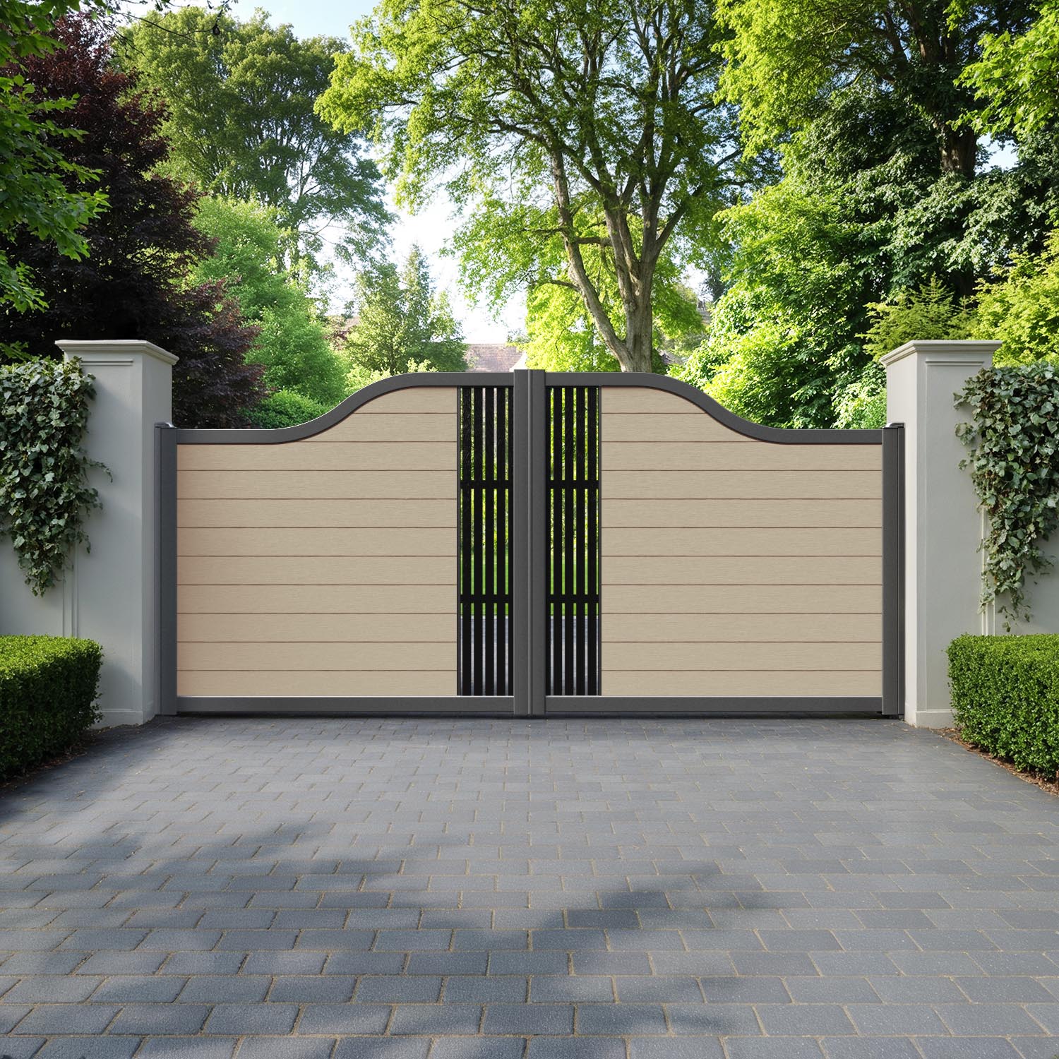 Fusion Aspen Curved Top Driveway Gate - Light Oak - Middle Screen