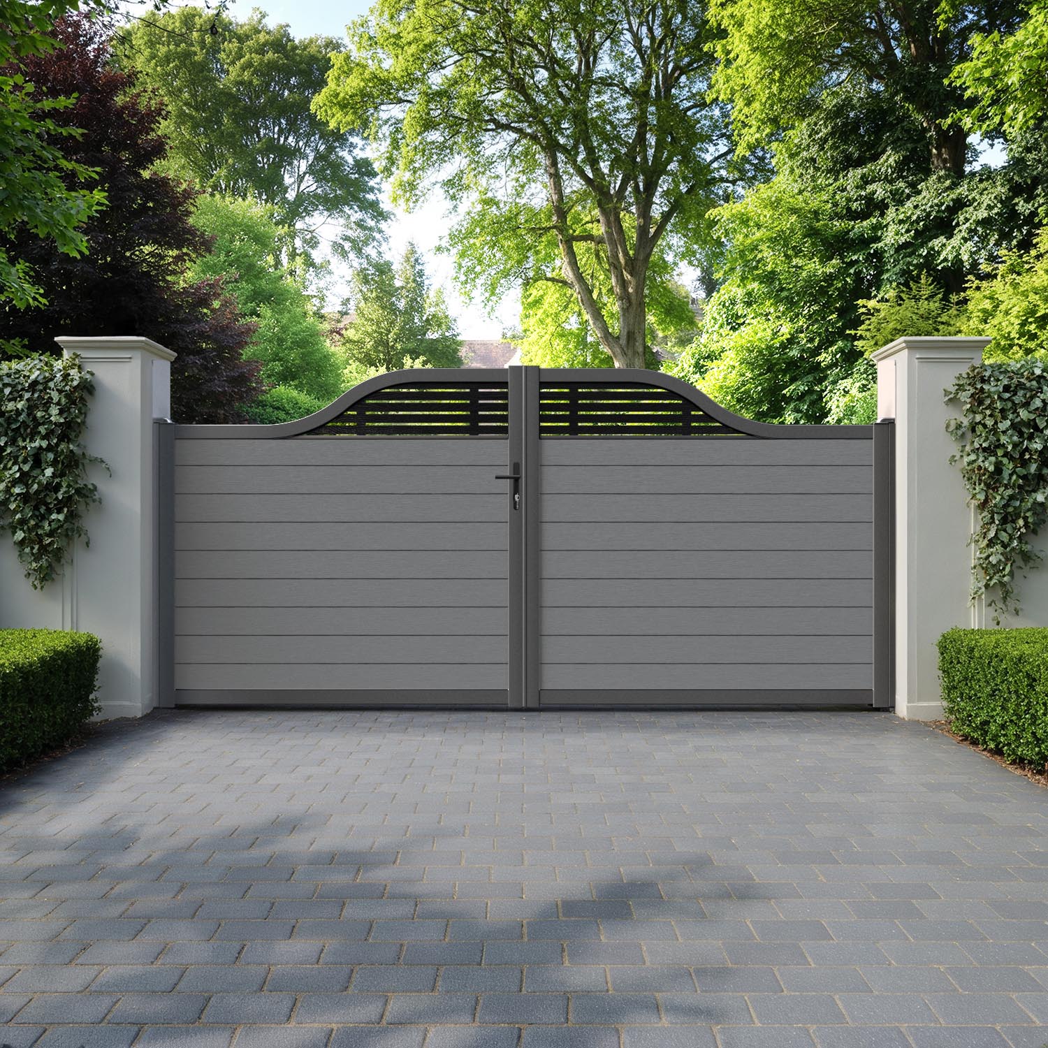 Fusion Aspen Curved Top Driveway Gate - Mid Grey - Top Screen