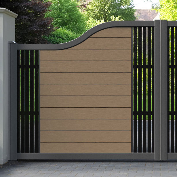 Fusion Aspen Curved Top Driveway Gate - Teak - Middle & End Screen