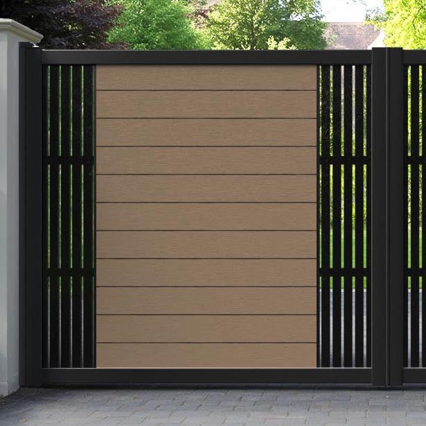 Fusion Aspen Straight Top Driveway Gate - Teak - Middle & End Screen