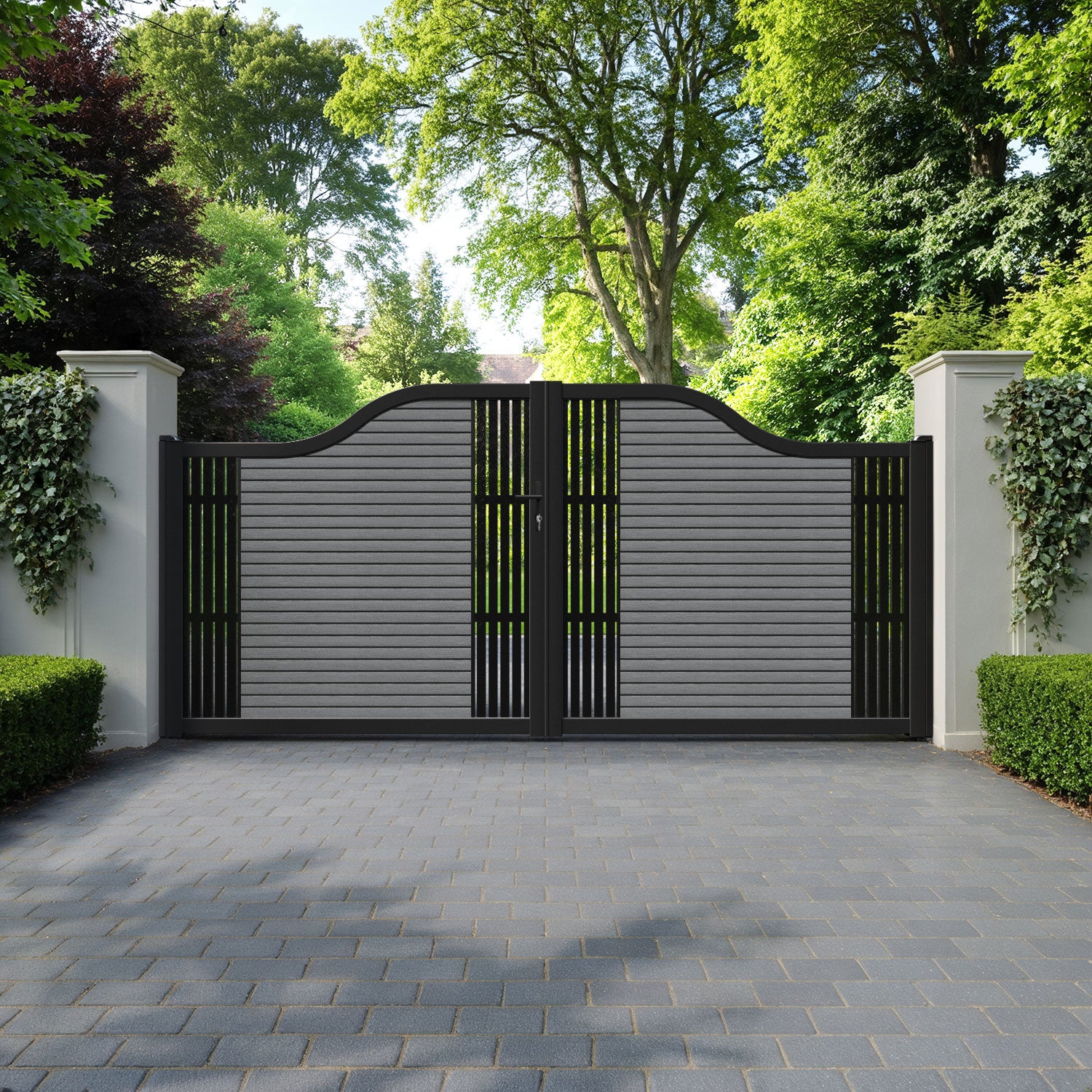 Hudson Aspen Curved Top Driveway Gate - Mid Grey - Middle & End Screen