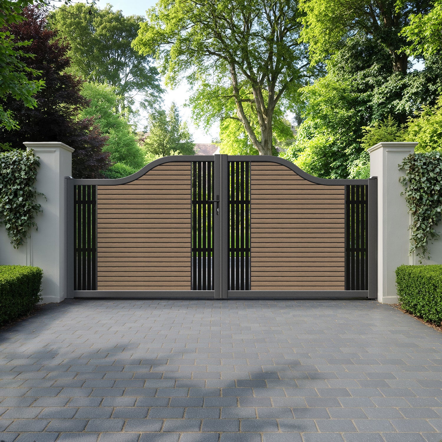 Hudson Aspen Curved Top Driveway Gate - Teak - Middle & End Screen