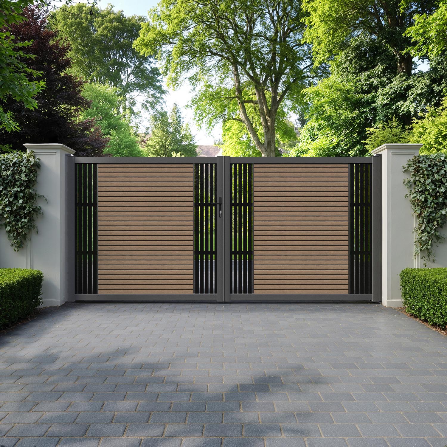 Hudson Aspen Straight Top Driveway Gate - Teak - Middle & End Screen