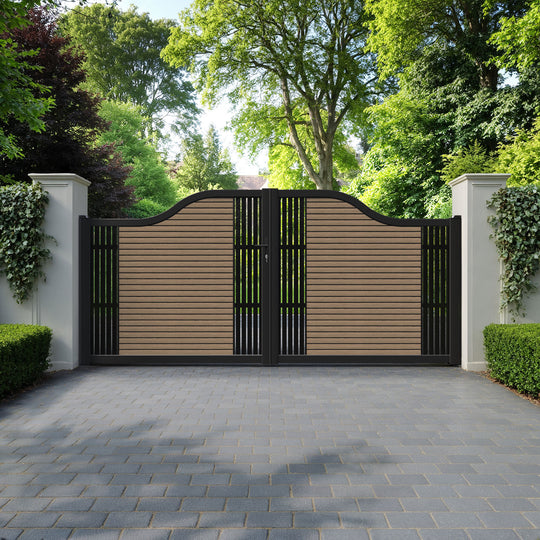 Hudson Aspen Curved Top Driveway Gate - Teak - Middle & End Screen