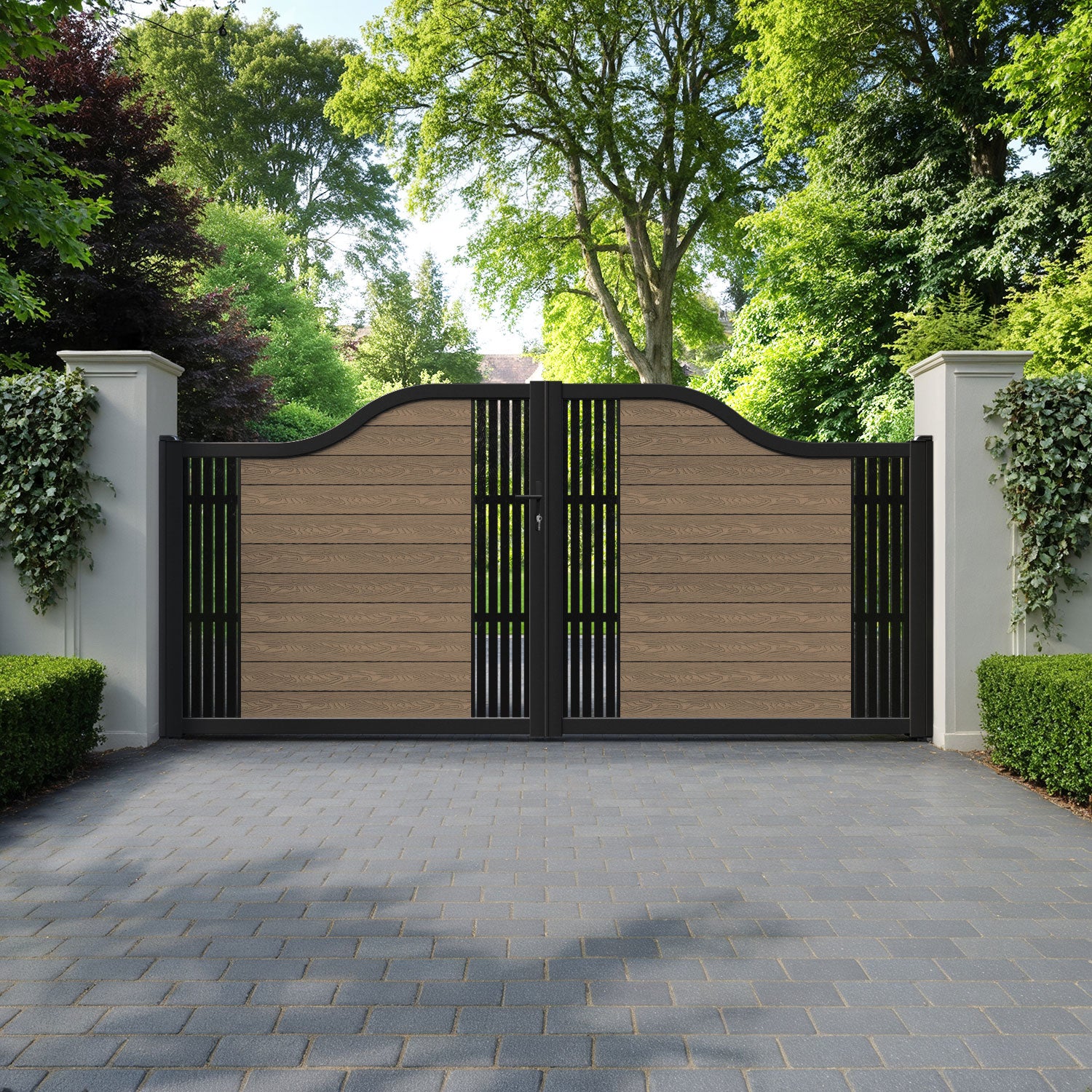 Classic Aspen Curved Top Driveway Gate - Teak -  Middle & End Screen