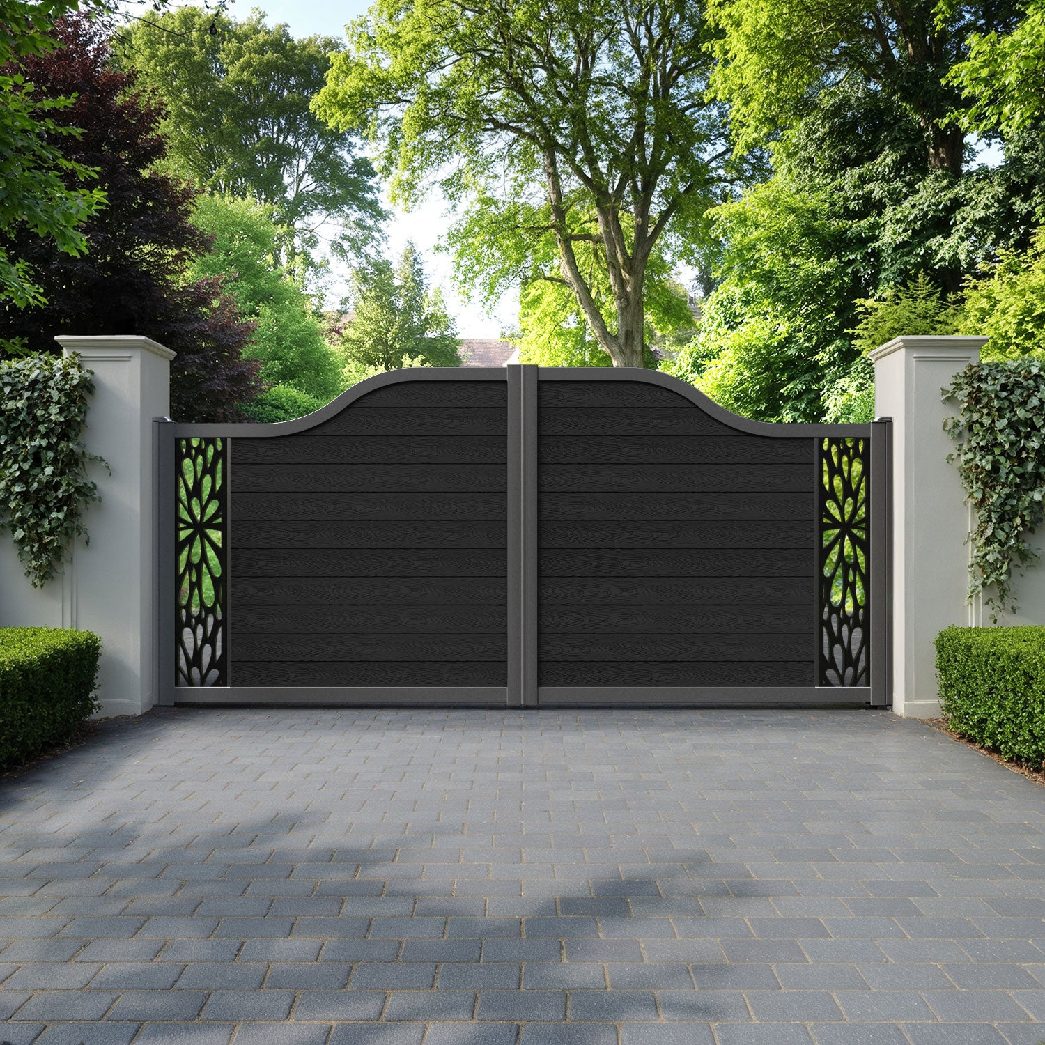 Classic Blossom Curved Top Driveway Gate - Black - End Screen