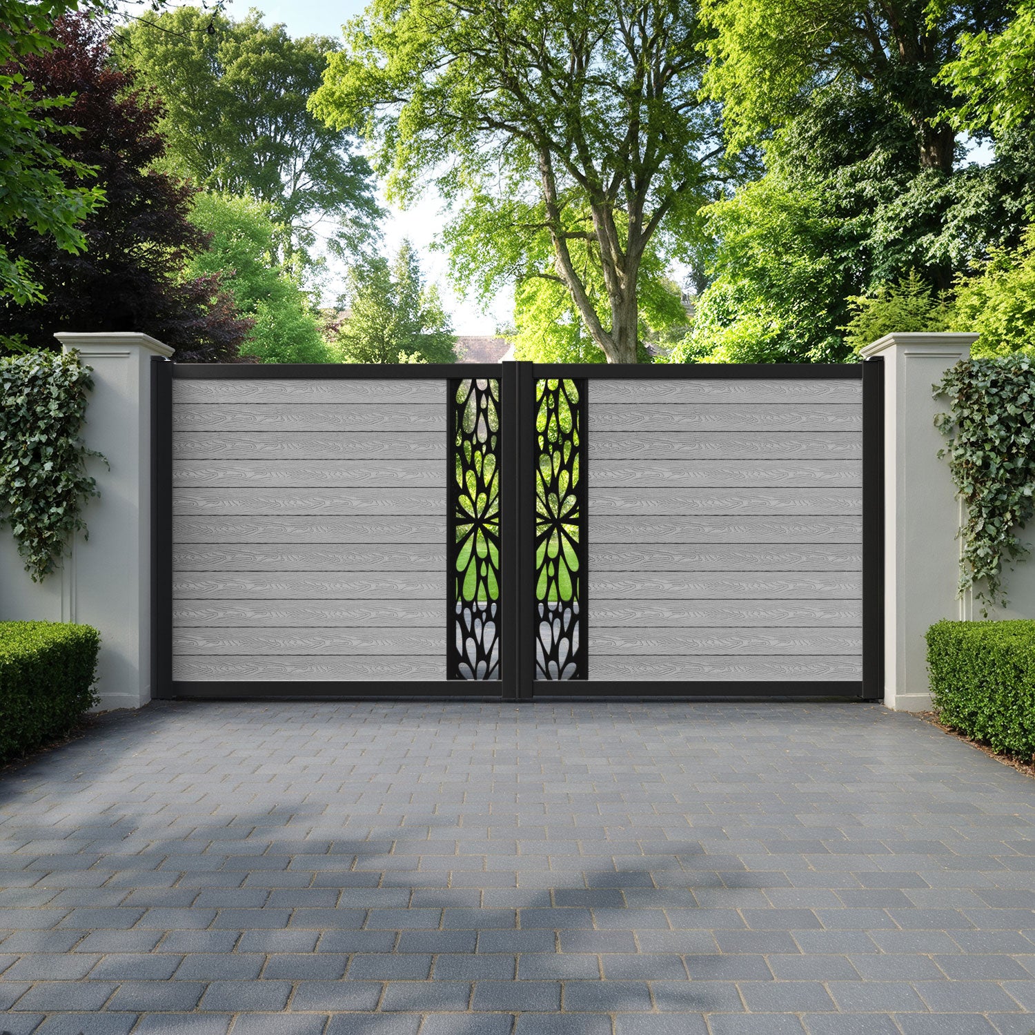 Classic Blossom Straight Top Driveway Gate - Light Grey - Middle Screen