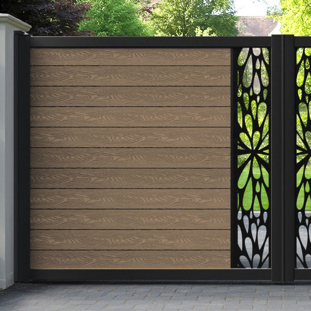 Classic Blossom Straight Top Driveway Gate - Teak - Middle Screen