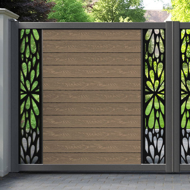 Classic Blossom Straight Top Driveway Gate - Teak - Middle & End Screen