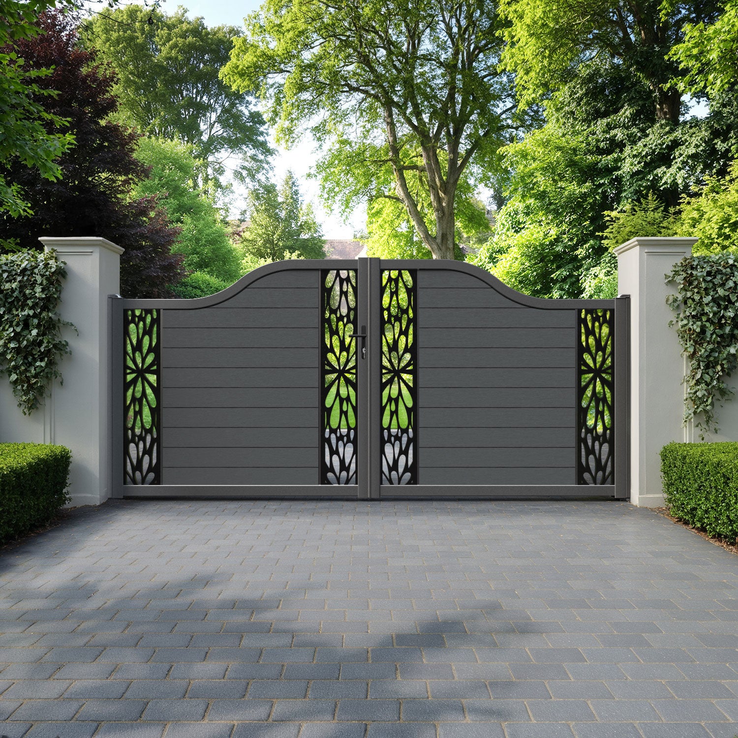 Fusion Blossom Curved Top Driveway Gate - Dark Grey - Middle & End Screen