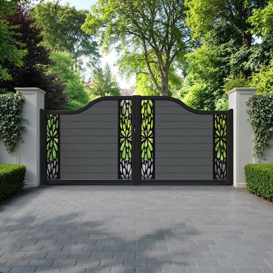 Fusion Blossom Curved Top Driveway Gate - Dark Grey - Middle & End Screen