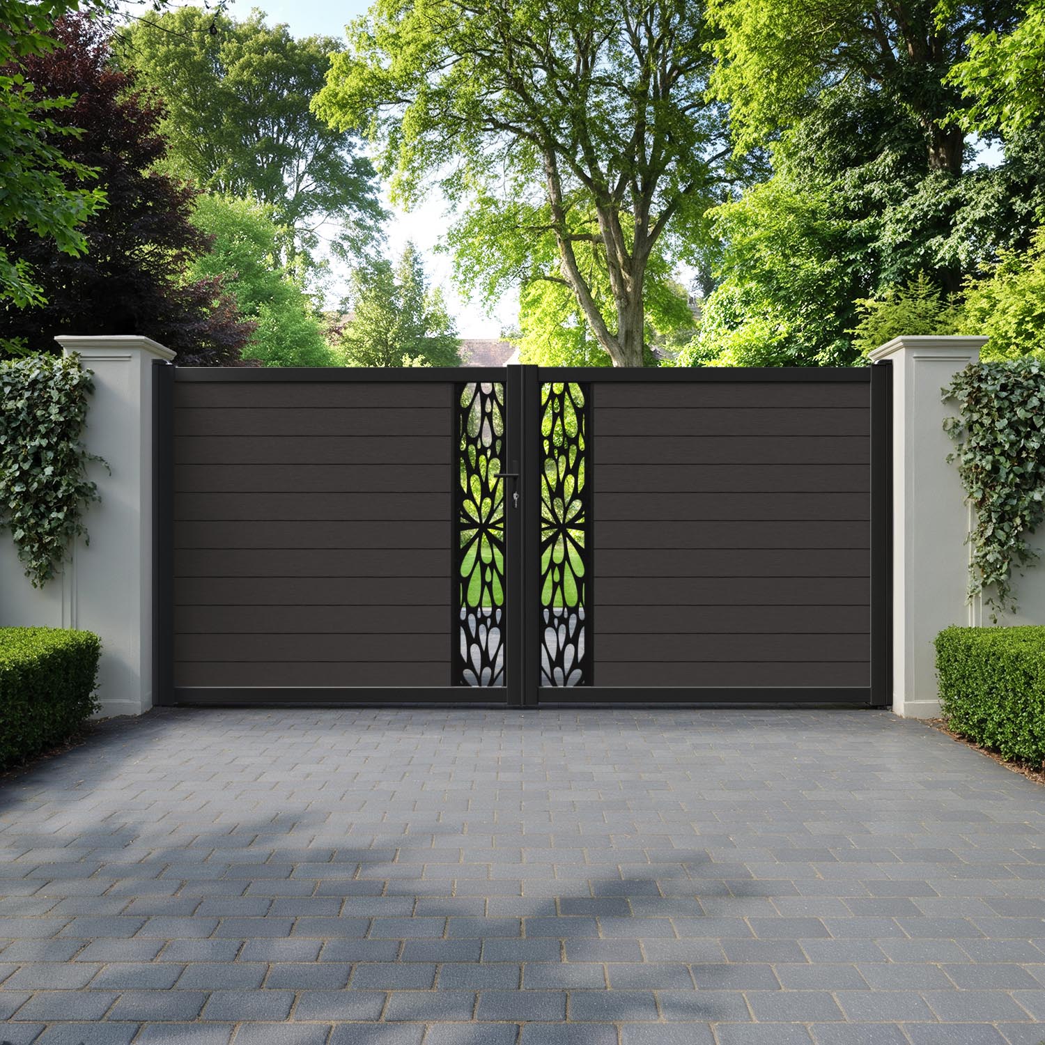 Fusion Blossom Straight Top Driveway Gate - Dark Oak - Middle Screen