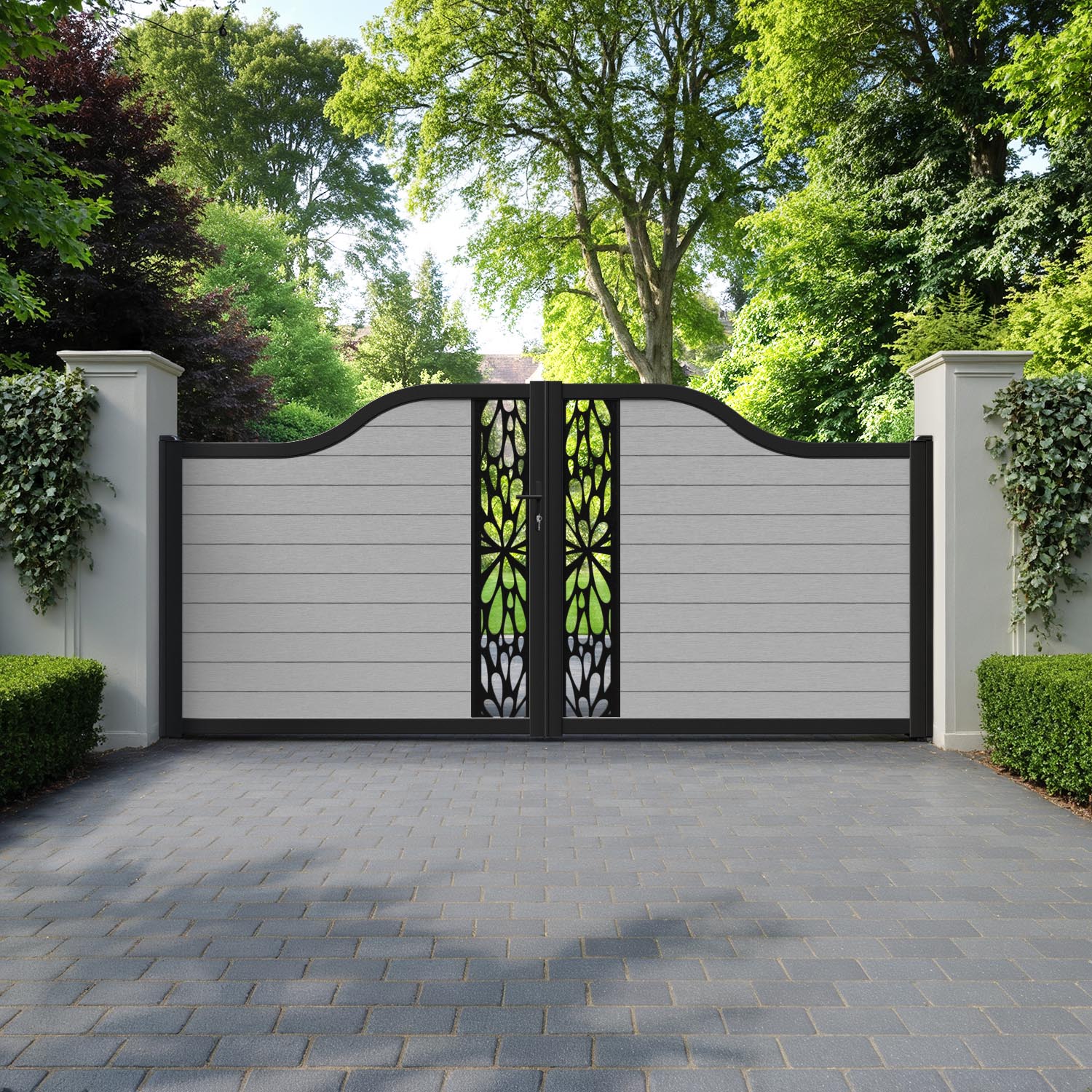 Fusion Blossom Curved Top Driveway Gate - Light Grey - Middle Screen